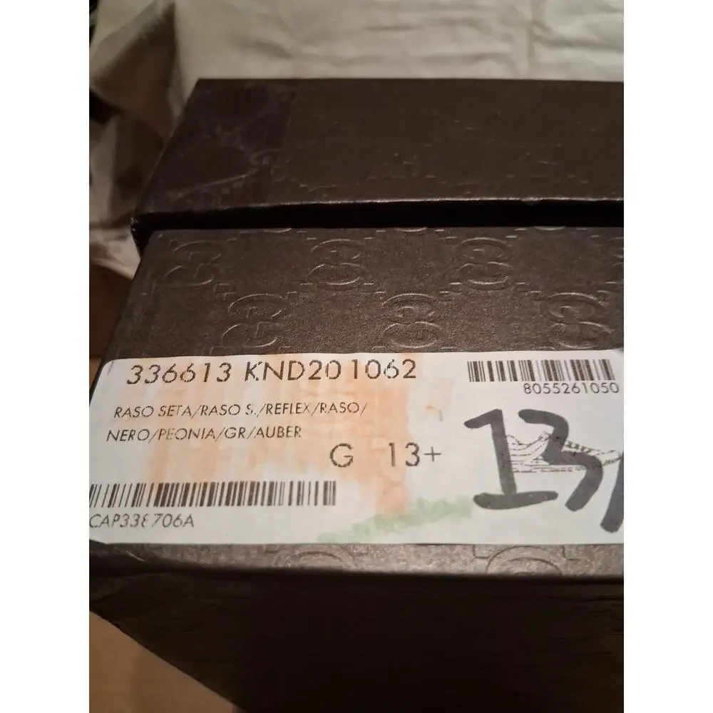 NIB GUCCI 3366 MULTICOLOR BLACK BURGUNDY GUCCI LOGO SATIN SNEAKERS TRAINERS 13.5